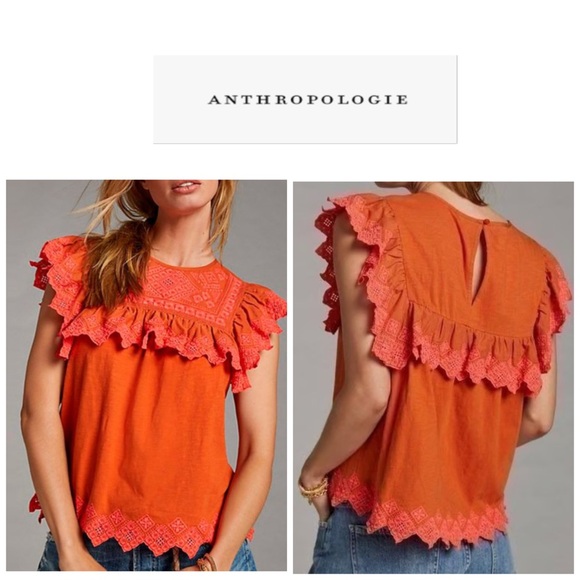 Anthropologie Rica Embroidered Top Orange XS - Picture 1 of 14